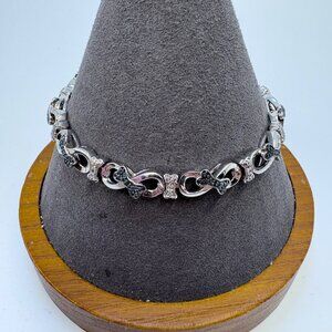 Sterling Silver 925 Black & White CZ Dog Bone Chain Bracelet Size 7.25" Length